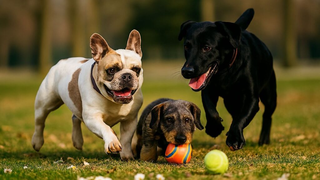 Drie honden met balletjes