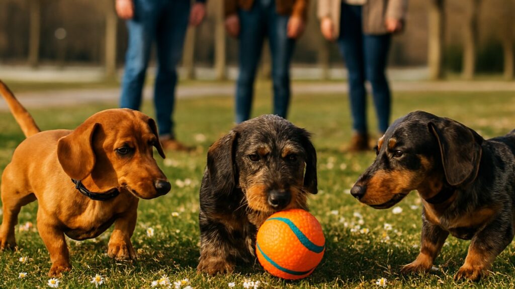 Drie teckels met bal